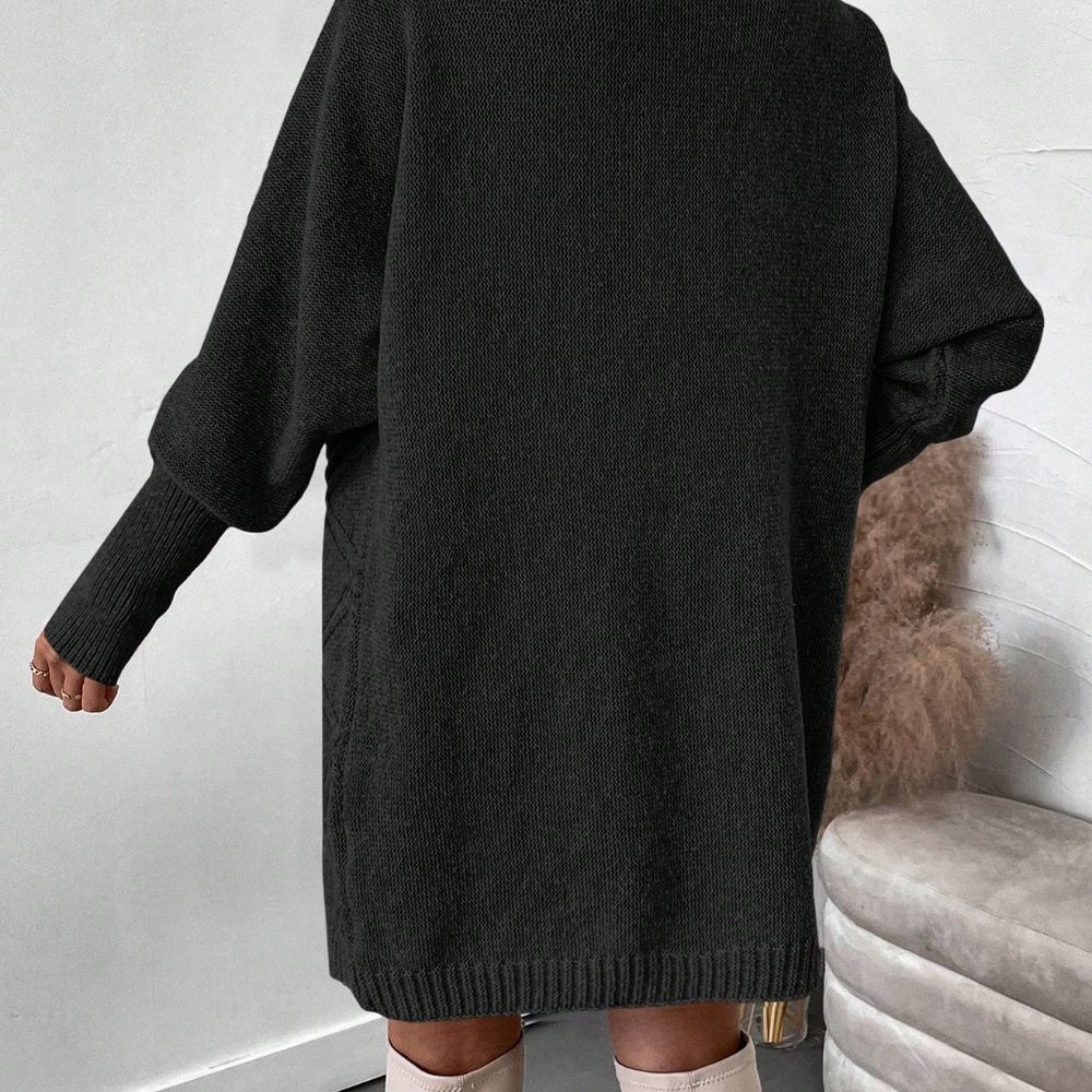 Black Casual Womens Solid Color Batwing Sleeve Sweater Dress - Picture 2 of 5